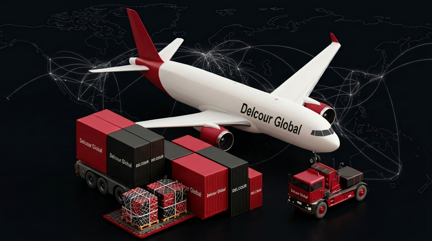 Delcour Global cargo plane, truck and shipping containers branded in red, black and white over a global route network